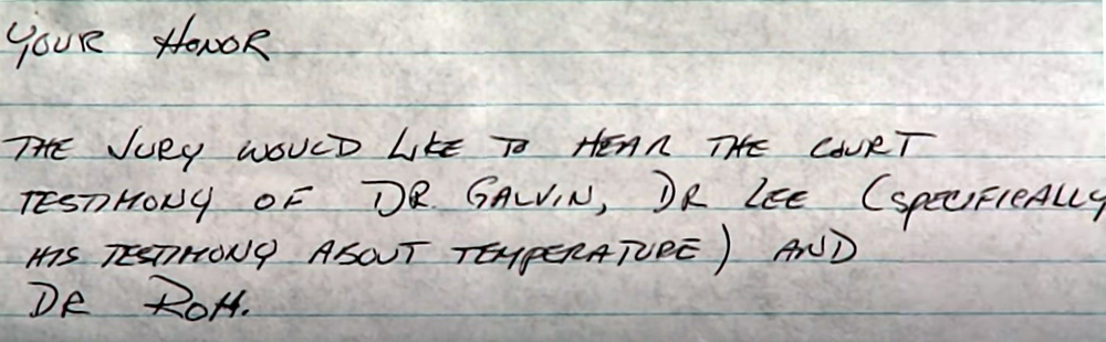 Jury's note to judge during deliberation