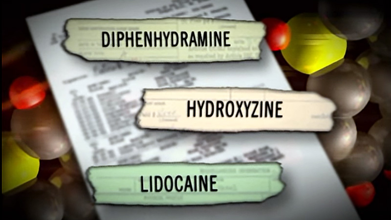 Diphendydramine, hydroxyzine, and lidocaine