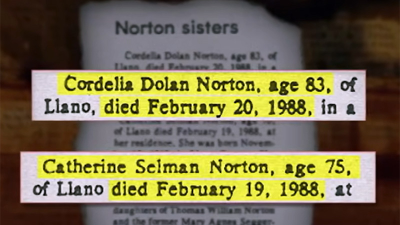 Obituaries for the Norton sisters in February 1988