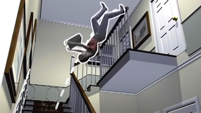 Animation still showing a female model falling over a stair railing