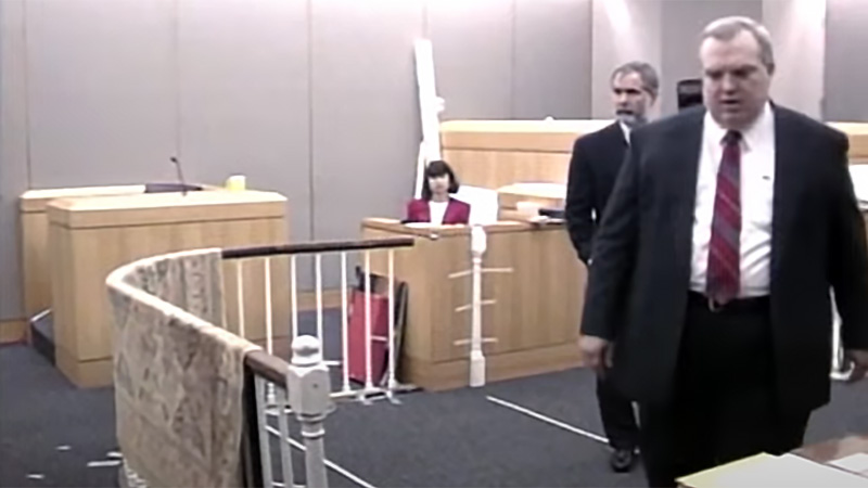 The second trial's courtroom saw a recreation of the Lucas' stairway
