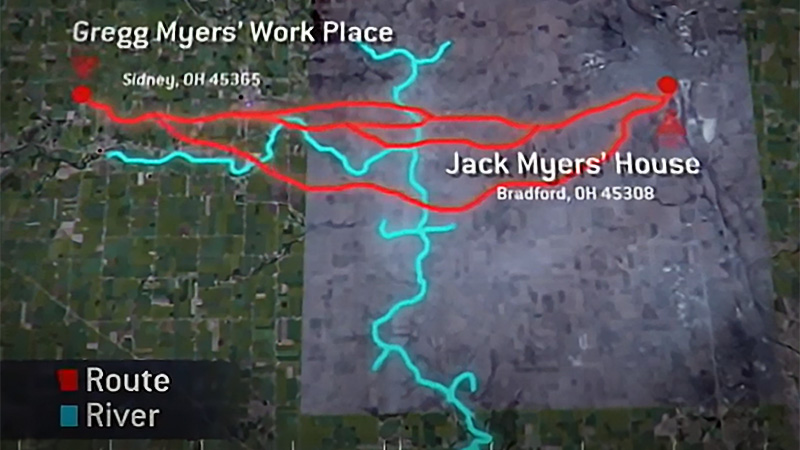 Various routes from the murder scene to Gregg's workplace