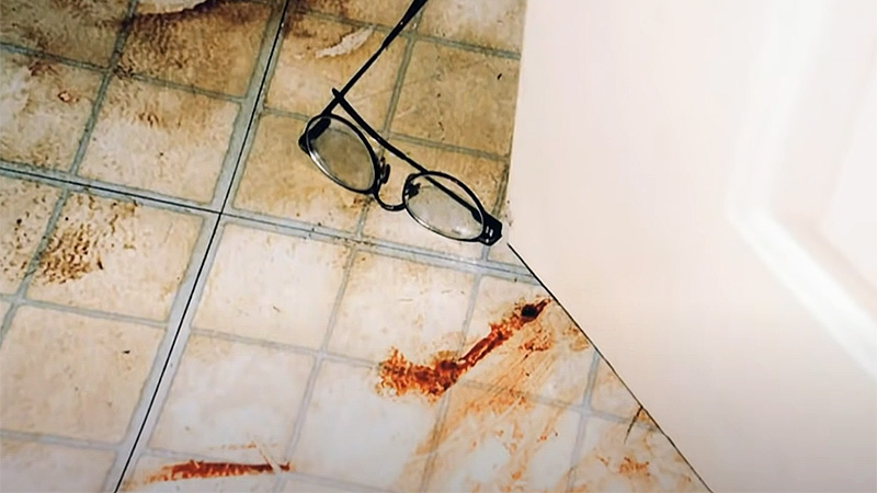 Blood and glasses at murder scene