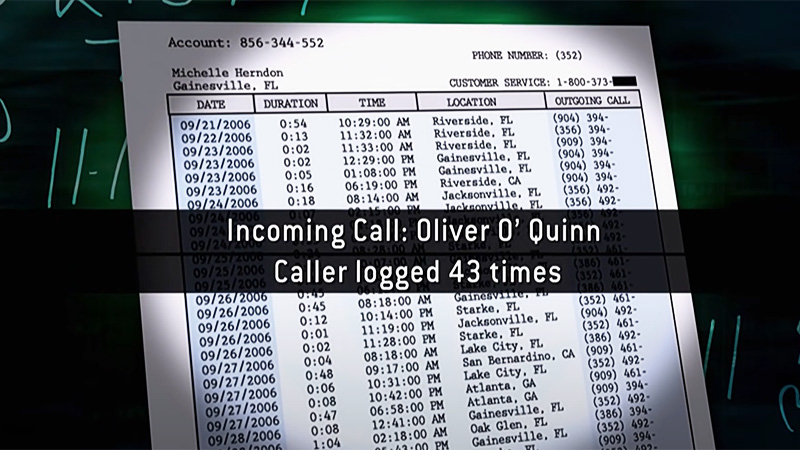 Phone records of Oliver O'Quinn calling Michelle Herndon