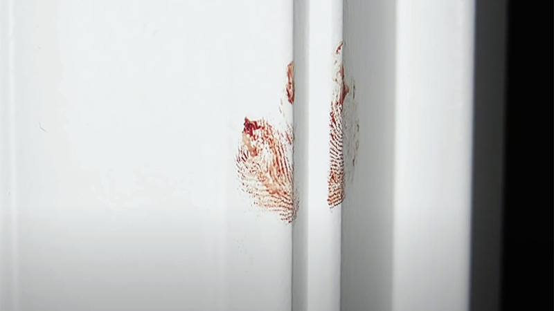 Bloody palm print on bedroom door jam